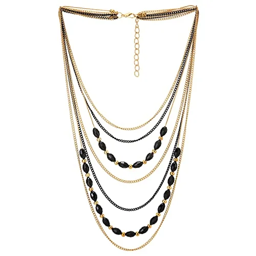 Stellar design necklace-Gold Black Statement Collar Necklace Waterfall Multi-Strand Chains Black Gem Stone Ball Charm