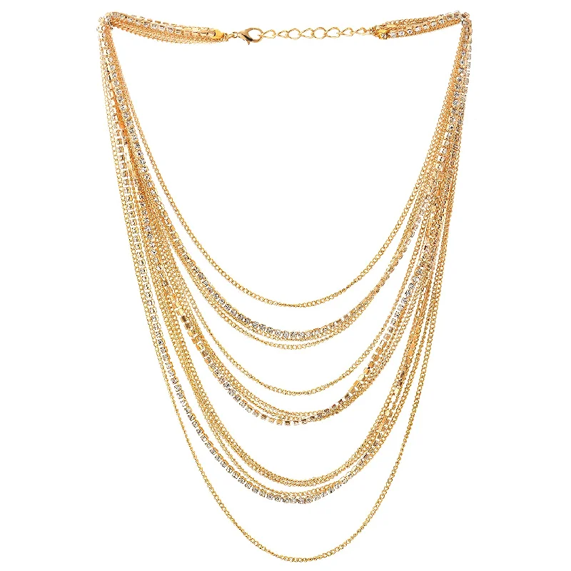 Three-gem necklace-Gold Color Waterfall Multi-Strand Chains Statement Collar Necklace with Rhinestones Chains, Dress