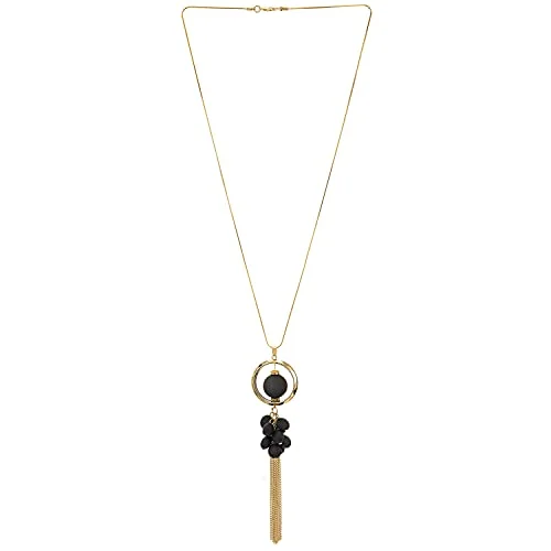 Shining drop necklace-Gold Long Chain Necklace Circle Ball Charm with Rhinestones, Black Resin Bead Grapes Chain Tassel