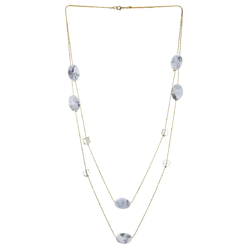 Stacked birthstone necklace-Gold Necklace Two-Strand Long Chain with Transparent Cube Crystal Beads and Oval Marble Resin Charms