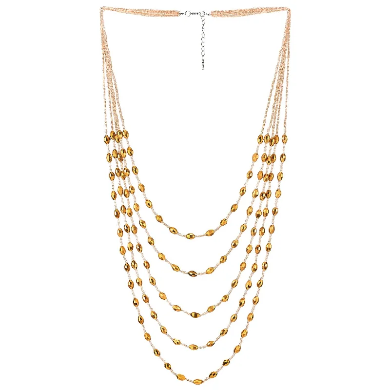 Burnished pewter necklace-Gold Oval Beads Statement Necklace Multi-Strand Long Chains with Crystal Charms Pendant