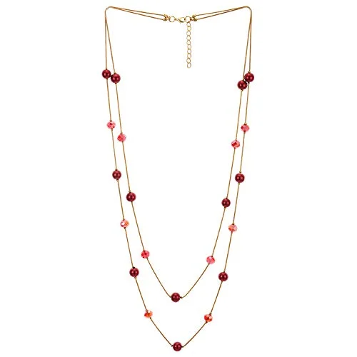 Branch cluster necklace-Gold Red Statement Necklace Two-Strand Long Chains with Red Crystal Beads Charms, Fashionable, Dress