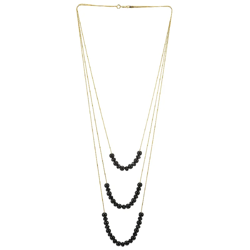 Sun-cut necklace-Gold Statement Necklace Three-Strand Waterfall Long Chains with Black Gem Stone Beads String Pendant