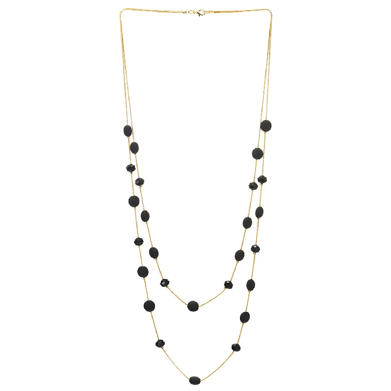 Solid pave necklace-Gold Statement Necklace Two-Strand Long Chains with Black Resin Beads Charms Pendant, Dress Prom