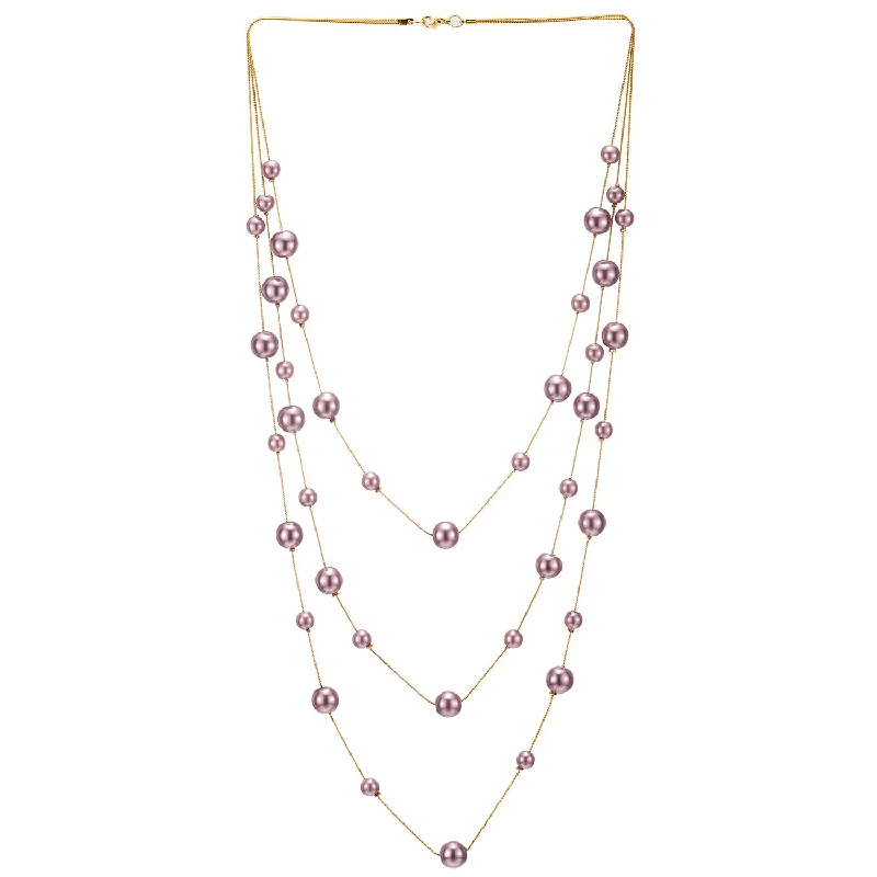 Ripple-wave necklace-Gold Statement Necklace Two-Strand Long Chains with Pink Purple Synthetic Pearl Beads, Elegant Dress