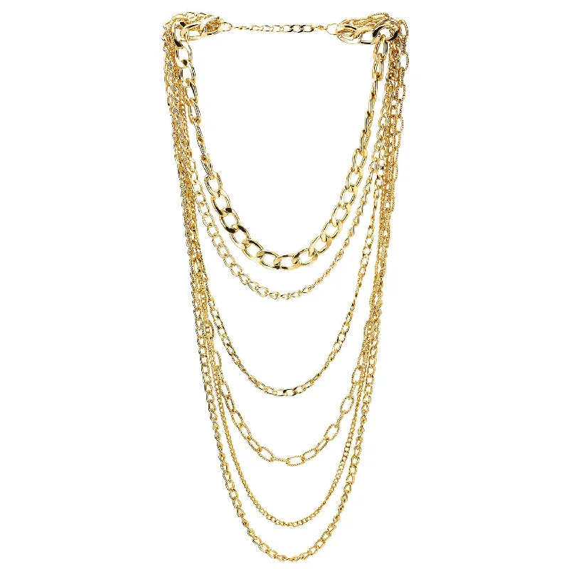 Channel-edge necklace-Gold Statement Necklace Waterfall Multi-Strand Curb Link Rolo Chains, Punk Rock Cool, Light Weight