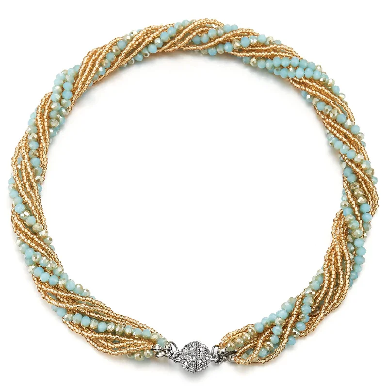 Protruding gem necklace-Gold Turquoise Statement Necklace Multi-Layer Beads Crystal Braided Chain Choker Collar Magnetic Clasp