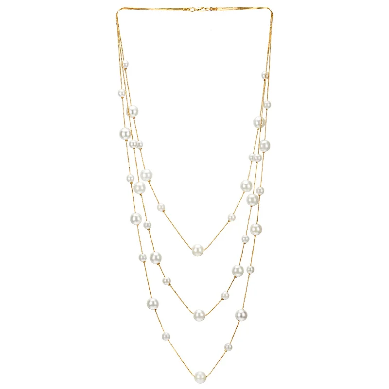 Thick gold necklace-Gold White Statement Necklace Two-Strand Long Chains with Synthetic Pearl Beads, Elegant, Dress