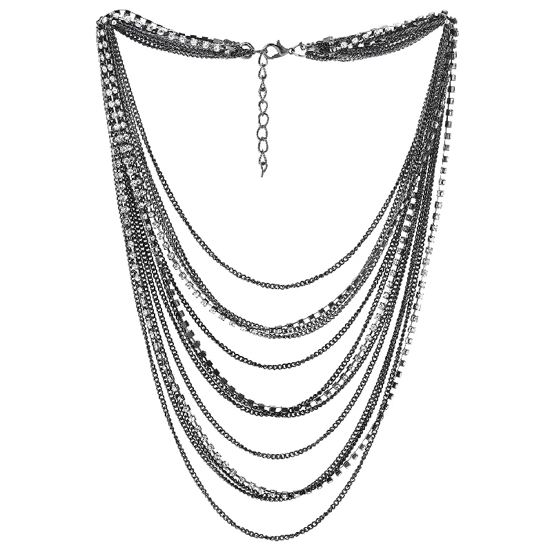 Clean-cut necklace-Grey Black Waterfall Multi-Strand Chains Statement Collar Necklace with Rhinestones Chains, Dress