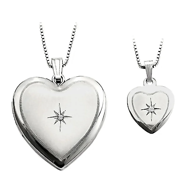 Solid pave necklace-Heart and Star Just Like Mommy Diamond Silver Locket and Pendant Necklace Set