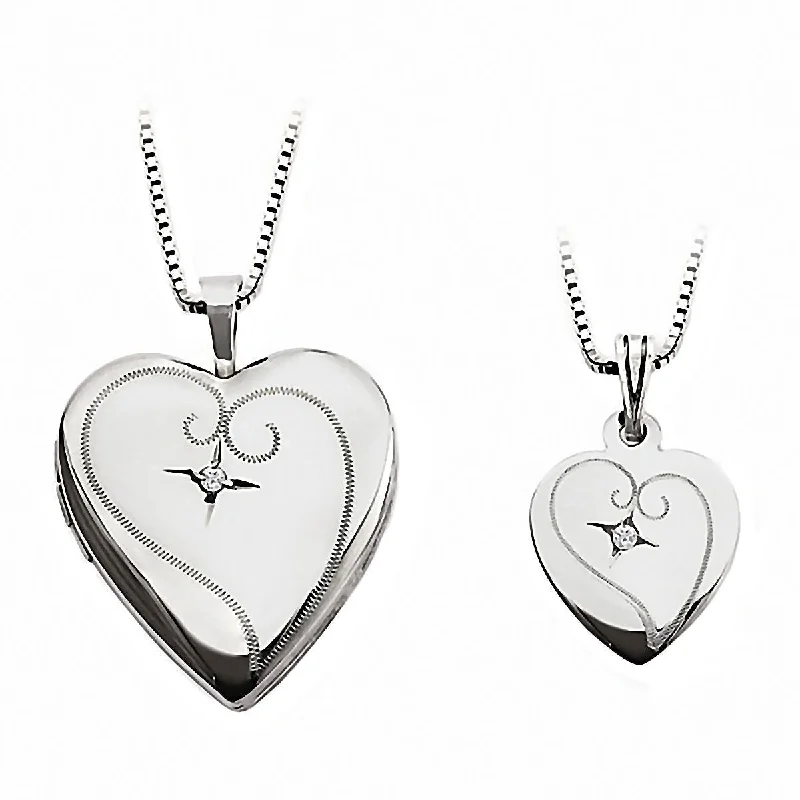 Ridged necklace-Heart Swirl Just Like Mommy Diamond 925 Silver Locket and Pendant Necklace Set