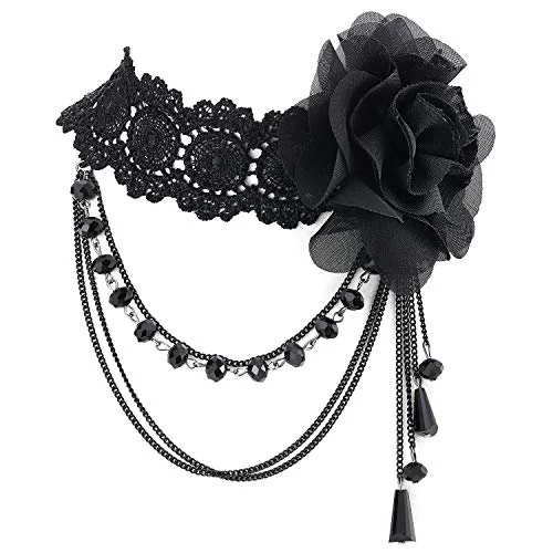 Low-set gem necklace-Ladies Women Black Lace Choker Necklace with Camellia Flower and Dangling Beads Charm Chains Pendant