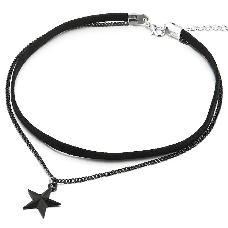 Fine link necklace-Ladies Womens Two-Rows Choker Necklace with Chain and Pentagram Star Charm Pendant