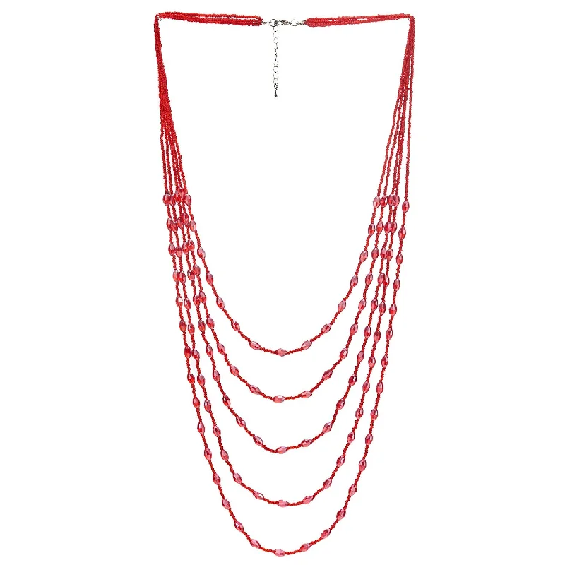 Rich emerald necklace-Red Oval Beads Statement Necklace Multi-Strand Long Chains with Crystal Charms Pendant