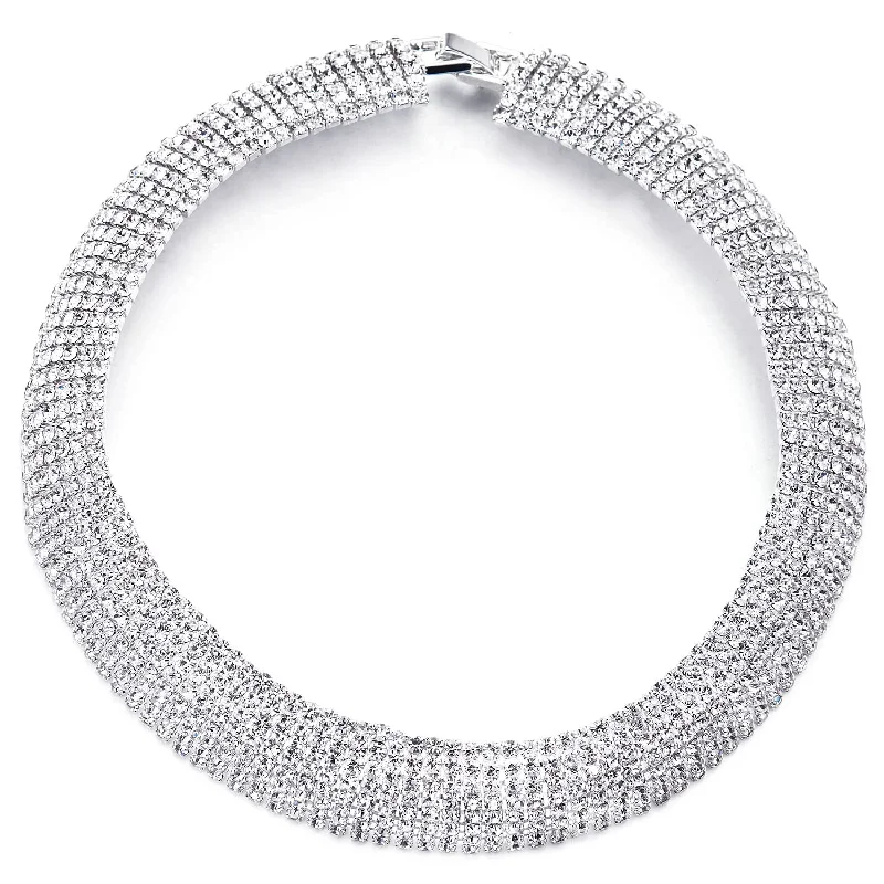 Raw pearl necklace-Rhinestone Pave Chain Statement Choker Collar Necklace, Dazzling, Dress Party