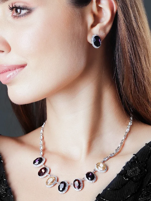 Rounded gem necklace-Rubans Rhodium-Plated Multihued Zirconia Embellished Flowerlet Necklace set