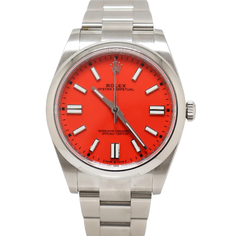 Pointed stone necklace-Rolex Oyster Perpetual 41mm Coral Red Dial Watch Ref# 124300