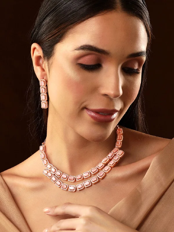 Spotted chain necklace-Rubans Rose Gold Pink Gemstone Studded Elegant Necklace Set