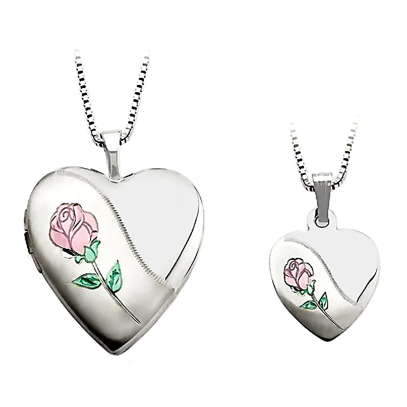 Tiered chain necklace-Rose Just Like Mommy 925 Silver Heart Locket and Pendant Necklace Set