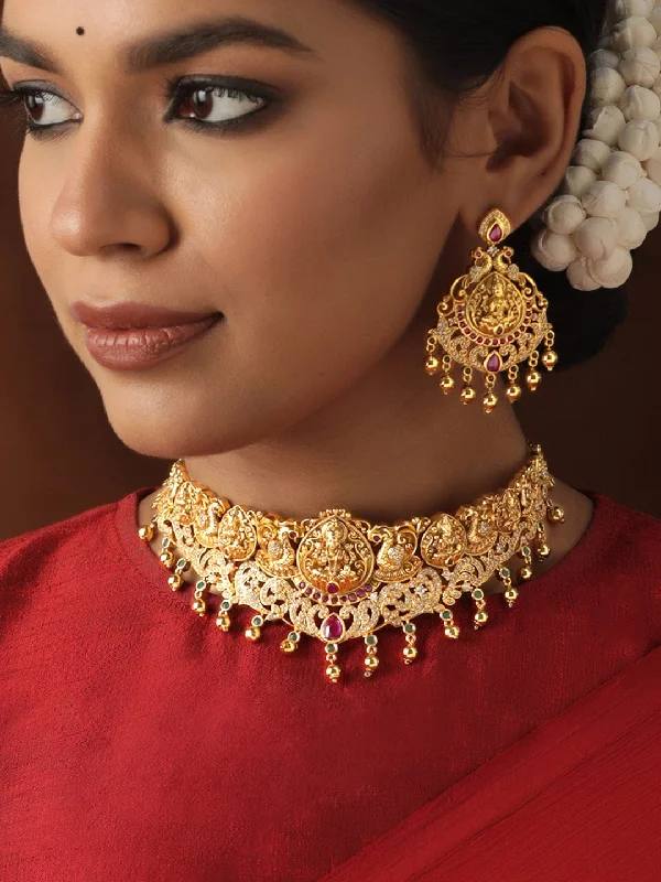 Thick gold necklace-Rubans 22K Gold plated Red Crystal Zirconia Handcrafted Luxury Necklace Set