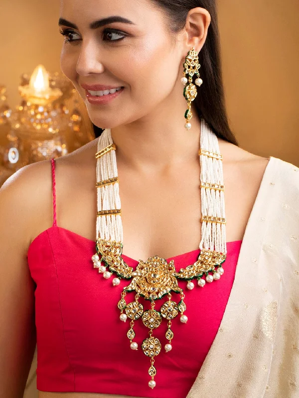 Mottled stone necklace-Rubans 24K Gold Plated Kundan Necklace Set With Layered Design