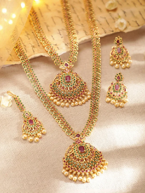 Luminous minimalist necklace-Rubans 24K Gold Plated Layered Necklace Set With Studded Green & Pink AD