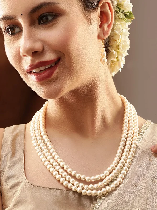 Scored edge necklace-Rubans Cream Tri Layer Pearl Beaded Choker Necklace Set