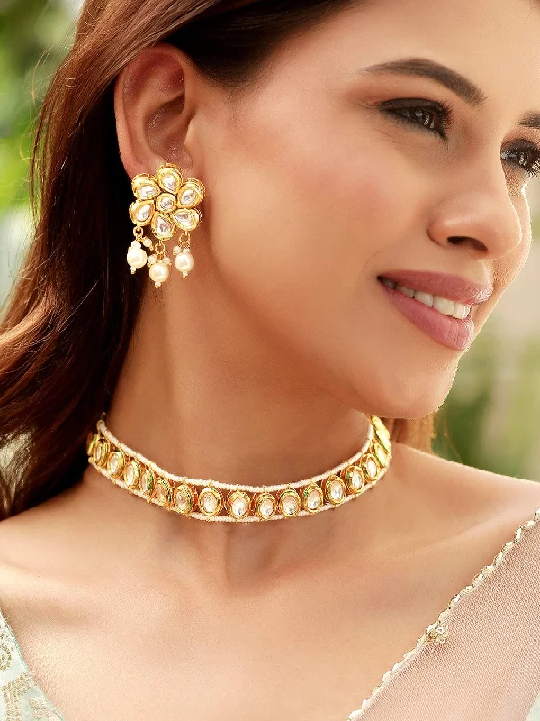 Holographic necklace-Rubans Divine Elegance 22K Gold Plated Kundan Pearl beaded Choker jewelry Set