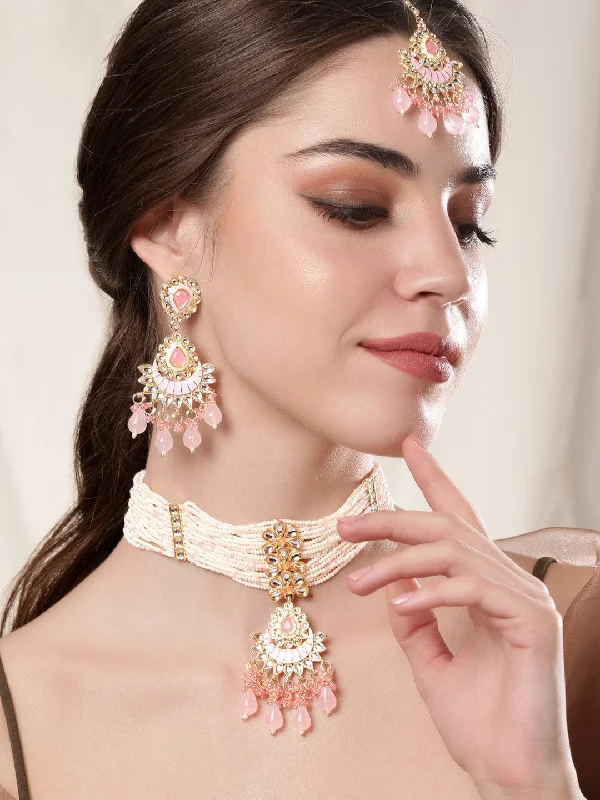 Streamlined necklace-Rubans Enchanting Blush Pink Enamel Kundan Beaded Necklace Set