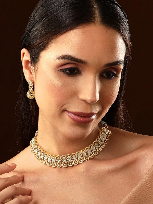 Six-gem necklace-Rubans Gold Plated White Stone Studded American Diamond Necklace Set.