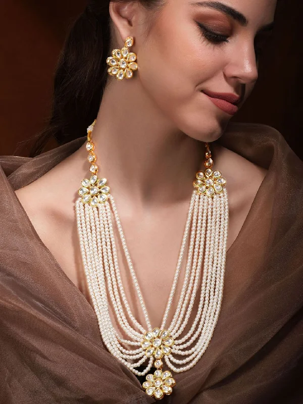 Pearlized platinum necklace-Rubans Luminous Elegance White Pearl Kundan Necklace Set