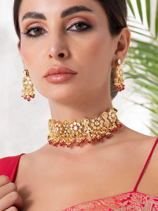 Thick gold necklace-Rubans Luxury 24K Gold Plated Handcrafted Kundan Stone & Maroon Beads Necklace Set