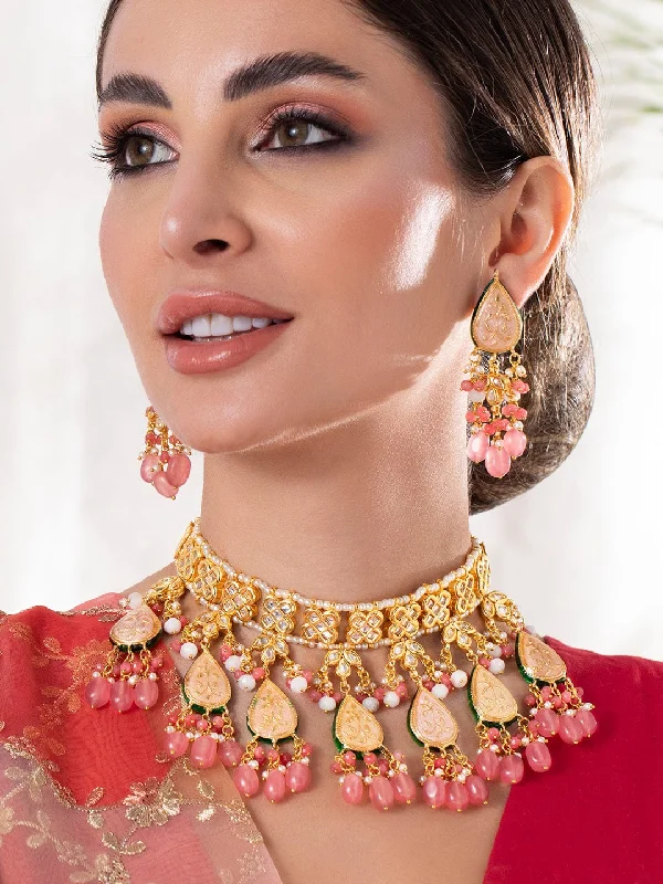 Craggy stone necklace-Rubans Luxury 24K Gold Plated Handcrafted Pink Enamel & Pachi Kundan with Pearls Necklace Set