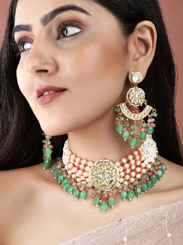 Shining drop necklace-Rubans Luxury Gold Plated Green & Red Beaded Kundan Necklace Set