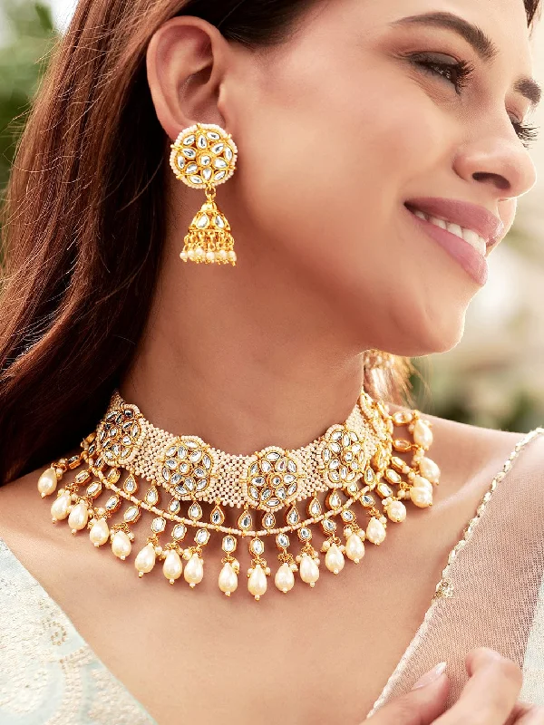 Suspended gem necklace-Rubans Opulent Reverie 22K Gold Plated Kundan and Pearl beaded Choker jewelry Set