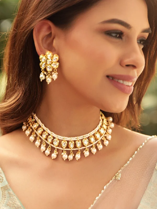 Embossed pattern necklace-Rubans Radiant 22K Gold Plated Kundan and Pearl beaded Choker jewelry Set