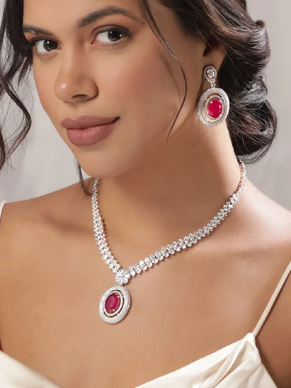 Ridge gem necklace-Rubans Rhodium Plated High Finish Ruby Red Oval Zirconia Studded Statement Necklace Set