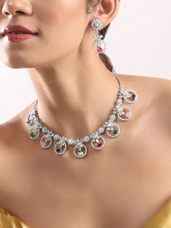 Faint silver necklace-Rubans Rhodium Plated Multicolor Party Wear Necklace Set