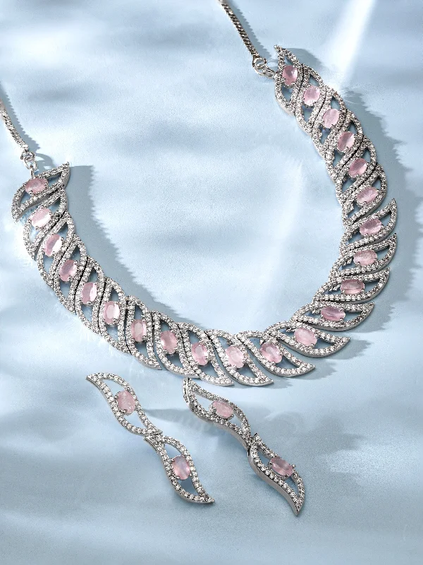 Hand-scored necklace-Rubans Rhodium Plated Premium Pink Zircons Studded Necklace Set