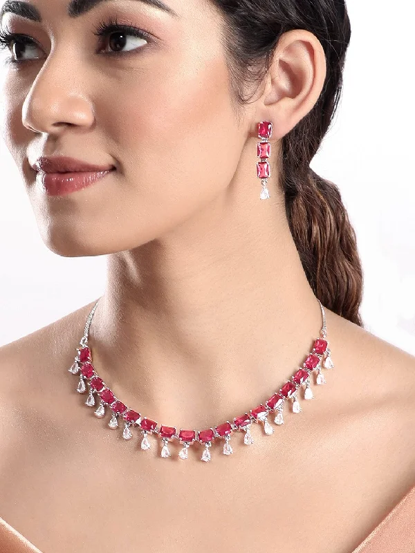 Glazed gem necklace-Rubans Rhodium Plated Premium White & Rubelute Zircons Necklace Set.