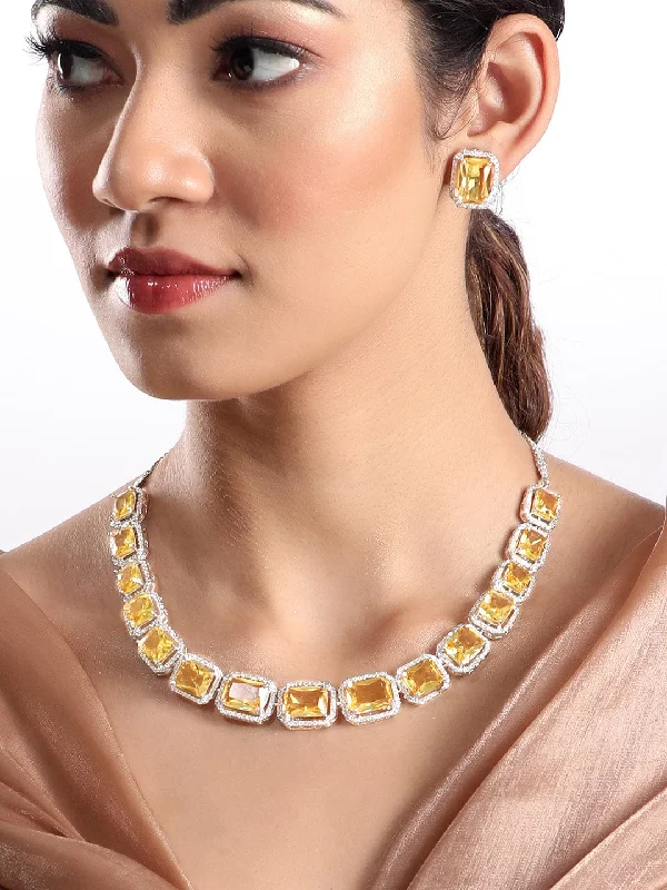 Vivid stone necklace-Rubans Rhodium Plated Yellow Sapphire Zircons Studded Necklace Set.