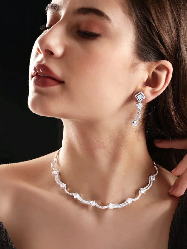 Mottled stone necklace-Rubans Rhodium Plated Zirconia studded Contemprory Sleek NEcklace set