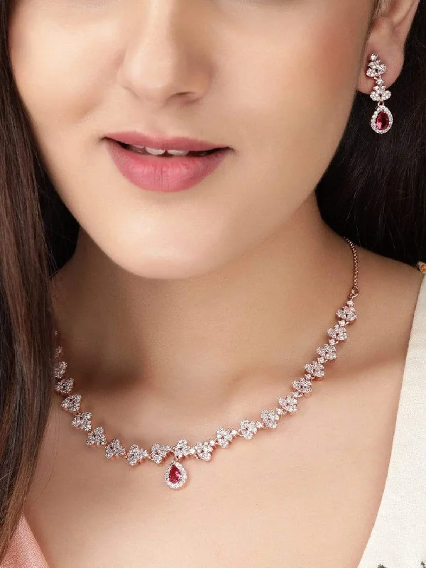 Spotted chain necklace-Rubans Rose Gold Plated Necklace Set in CZ and Pink Stones