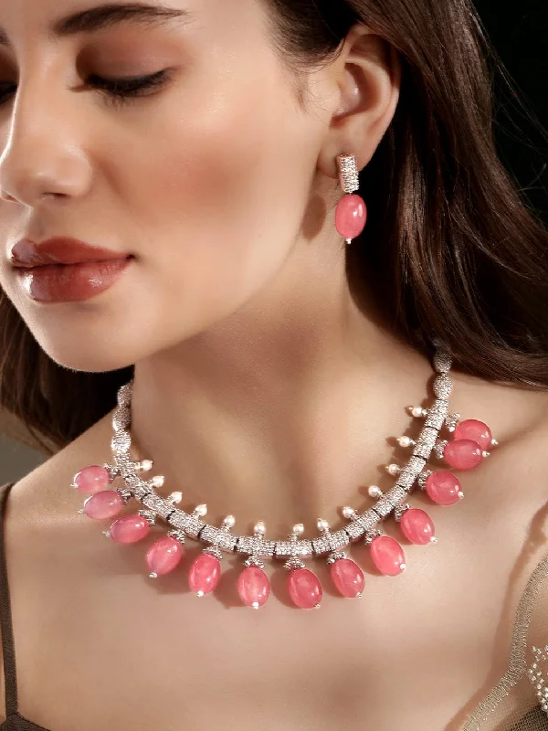 Bold moonstone necklace-Rubans Rose Petal Elegance: Pink Beaded AD Necklace Set