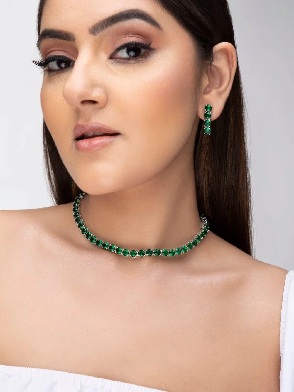 Parted chain necklace-Rubans Silver Plated Necklace Set With Studded Dark Green AD's