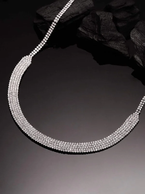 Corded texture necklace-Rubans Silver Toned Handcrafted Rhinestone Necklace