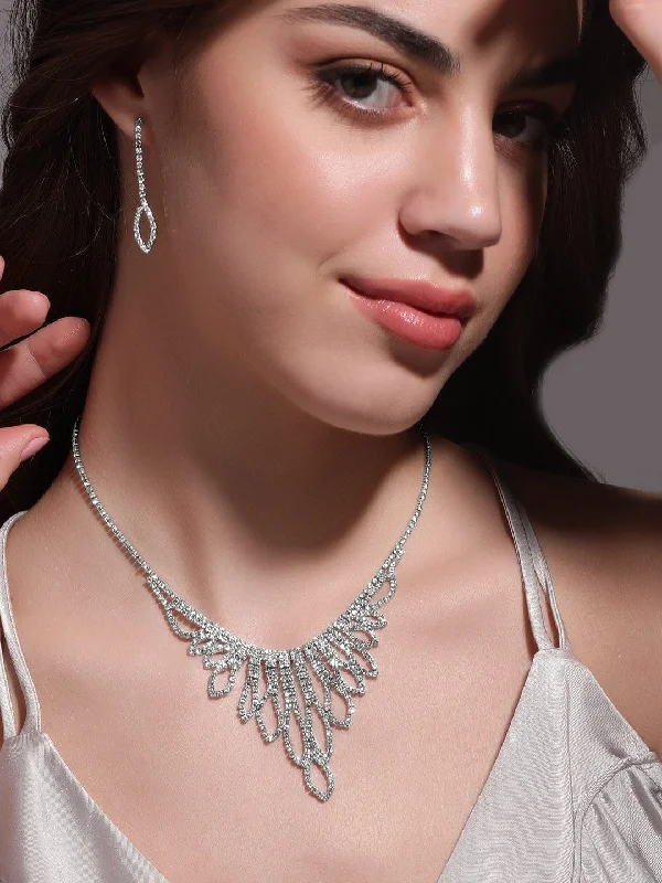 Ripple-wave necklace-Rubans Stardust Symphony Silver Tone AD Necklace