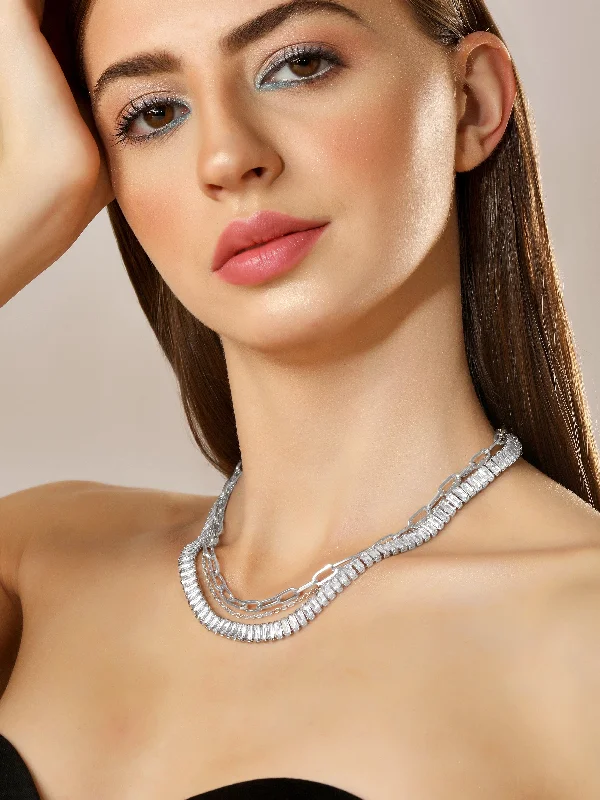 Luminous amethyst necklace-Rubans Voguish Silver Toned With Baguette And Round Zircon Stones Studded Layered Necklace.