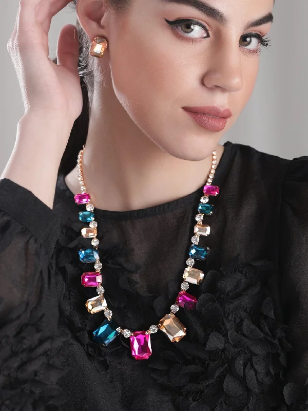 Streamlined necklace-Rubans Voguish Gold plated Pink & Blue Zirconia Statement Necklace Set