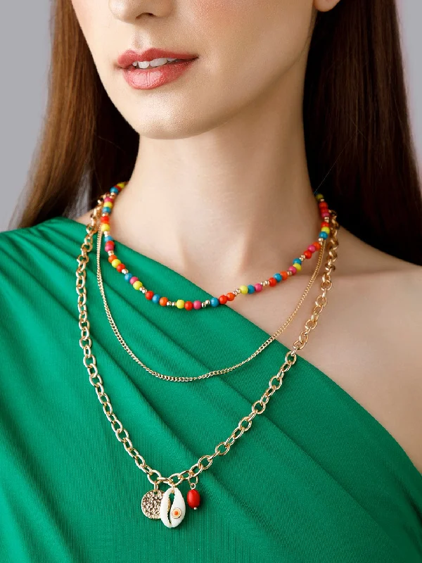 Three-gem necklace-Rubans Voguish Gold-Toned Red Gold-Plated Handcrafted Necklace